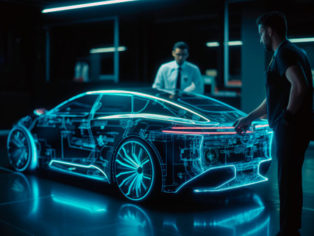 Engineers developing a virtual model of a sustainable ecological electric vehicle.の素材
