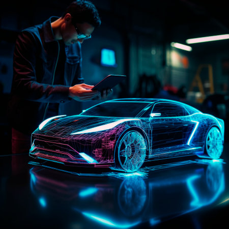 Car design engineers using holographic app in digitalの素材
