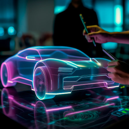 Car design engineers using holographic app in digitalの素材