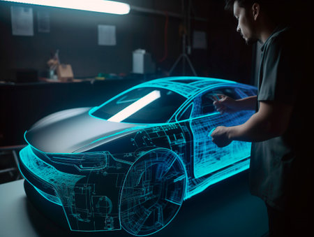 Car design engineers using holographic app in digitalの素材