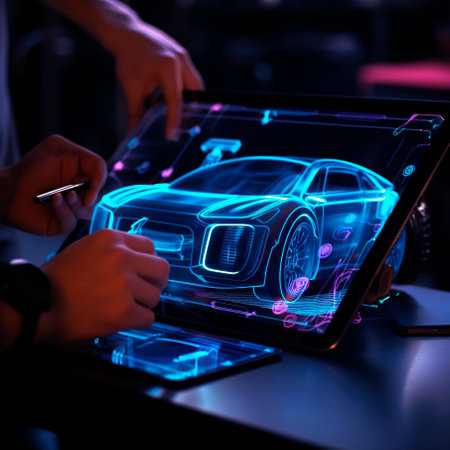 Engineers developing a virtual model of a sustainable ecological electric vehicle.の素材