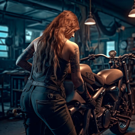 concept of equality, female motorcycle mechanic in workshopの素材