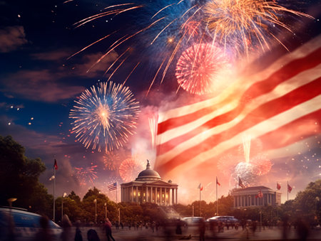 celebratory fireworks on background of american flag at USA independence dayの素材