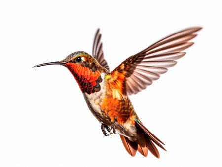 lovely hummingbird flying on white backgroundの素材