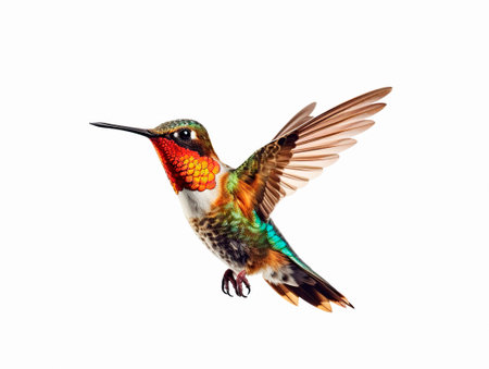 lovely hummingbird flying on white backgroundの素材
