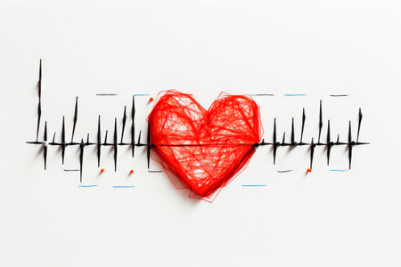 Red heart shape with heartbeat and rate or pulse line as banner.の素材