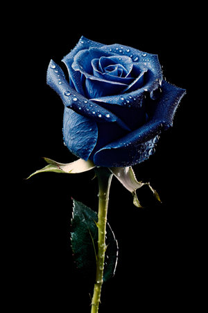beautiful blue rose with water drops on black backgroundの素材