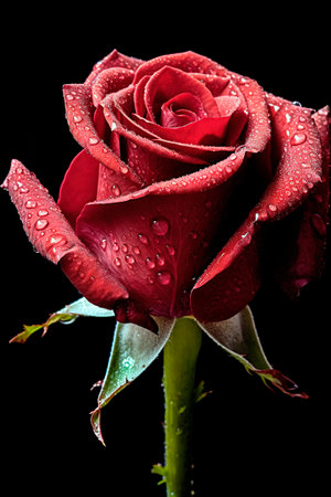 closeup of red rose with water drops on black backgroundの素材