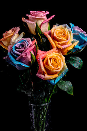original bouquet of roses with multicolored petals on a black backgroundの素材