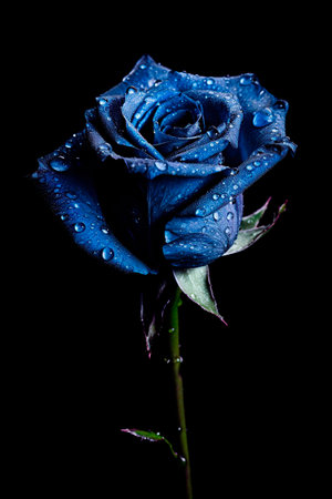 blue rose with water drops on black backgroundの素材