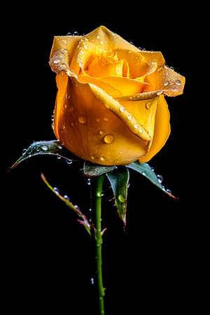 closeup of yellow rose with water drops on black backgroundの素材