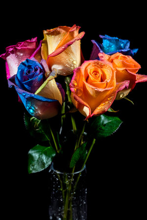 bouquet of roses with multicolored petals on a black backgroundの素材