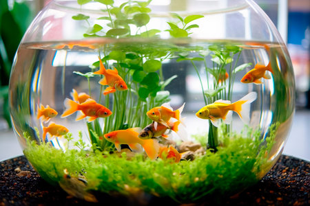 Beautiful fish in round glass aquarium.の素材