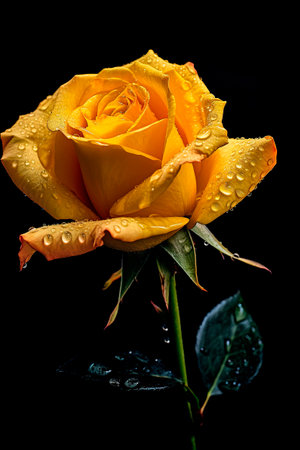 yellow rose with water drops on black backgroundの素材