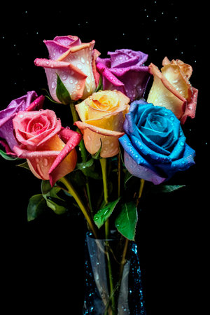bouquet of roses with multicolored petals on a black backgroundの素材