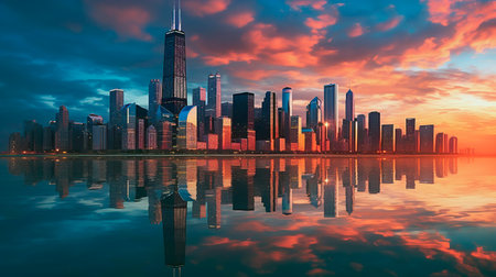 spectacular image of chicago skyline at sunsetの素材
