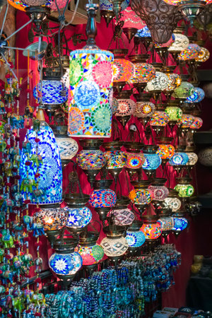 Traditional colorful decorative Turkish oriental lamps for sale in at a souvenir shopの写真素材