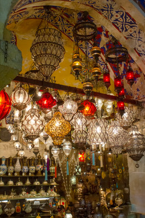 Traditional colorful decorative Turkish oriental lamps for sale in at a souvenir shopの写真素材