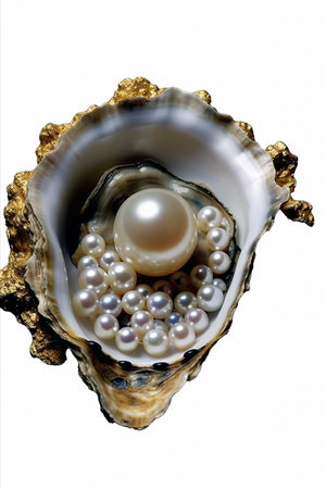 various pearls in open oyster on a white backgroundの素材