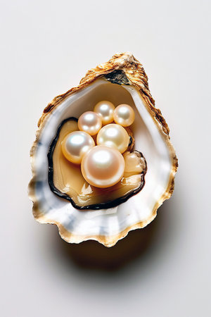 various pearls in open oyster on a white backgroundの素材