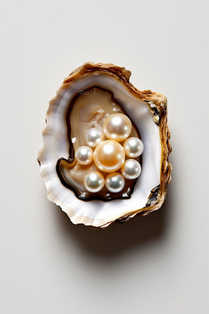pearls in open oyster on white backgroundの素材