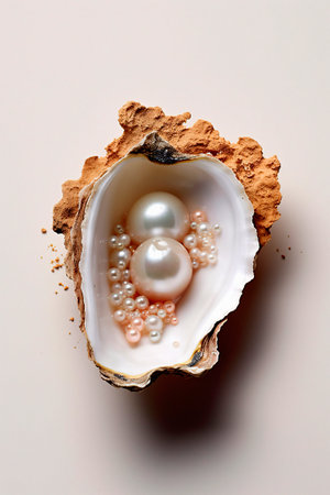 various pearls in open oyster on a white backgroundの素材