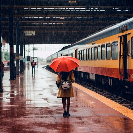 woman at the station with umbrella in the rainの素材