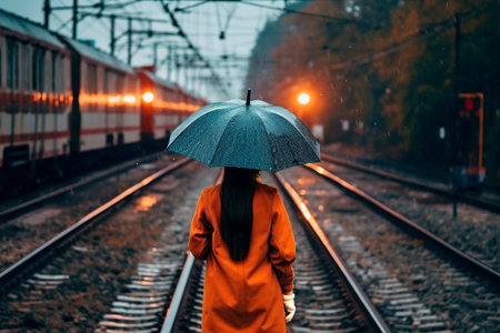 woman at the station with umbrella in the rainの素材