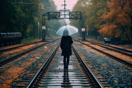 young woman at the station with umbrella in the rainの素材