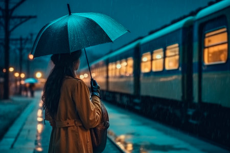 young woman at the station with umbrella in the rainの素材
