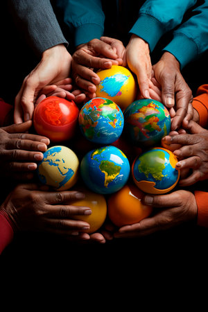 hands of different ethnicities united holding planetsの素材