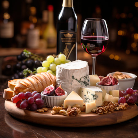 Perfect Pairings: An Assortment of Cheeses, Grapes, and Red Wine on a Platterの素材