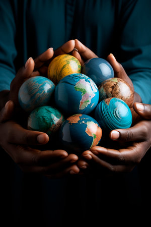 many hands of different races united holding planetsの素材
