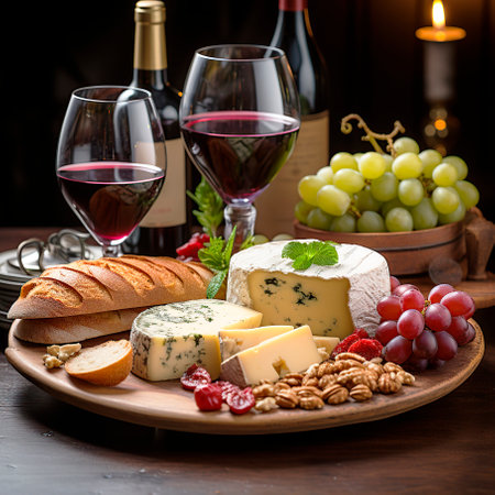 cheese board accompanied by grapes and glasses of red wine.の素材