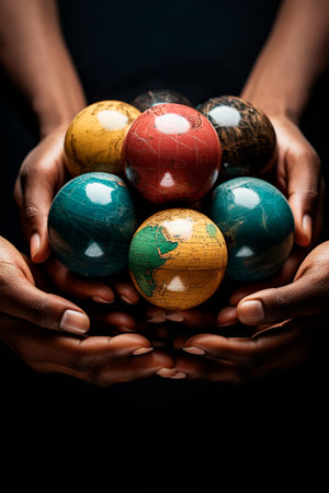 hands of different ethnicities united holding planetsの素材