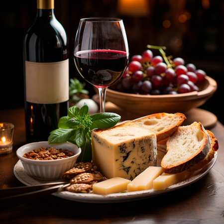 Perfect Pairings: An Assortment of Cheeses, Grapes, and Red Wine on a Platterの素材