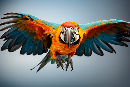 macaw flying with its wings spreadの素材