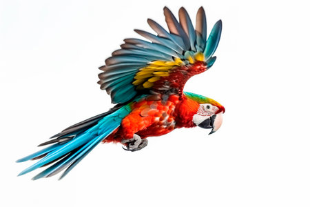 colorful macaw flying with its wings spreadの素材