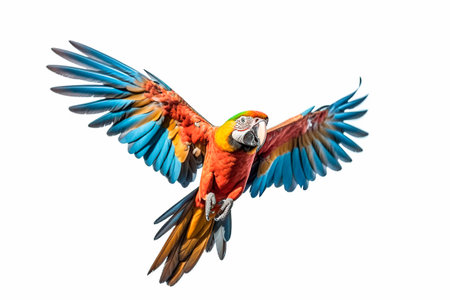 macaw flying with its wings spreadの素材
