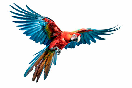 colorful macaw flying with its wings spreadの素材