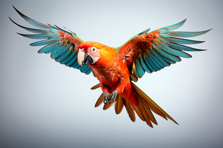 colorful macaw flying with its wings spreadの素材