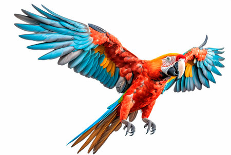 colorful macaw flying with its wings spreadの素材