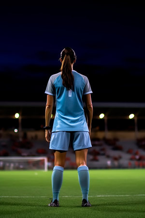 soccer player on the field as seen from behindの素材