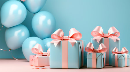 balloons, gifts, blue and pink for gender reveal with copy spaceの素材