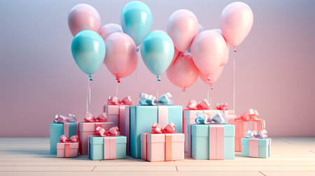 balloons, gifts, blue and pink for gender reveal with copy spaceの素材