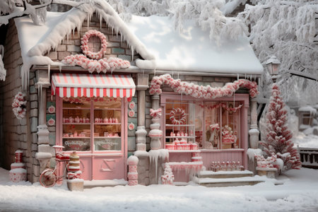 a cold snow scene with a Christmas style candy store facadeの素材