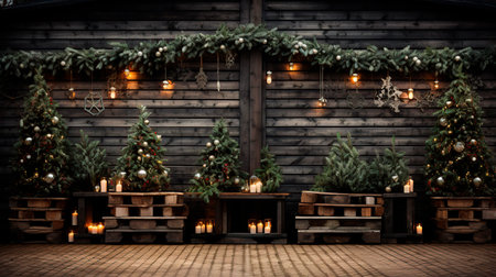 wooden hut decorated for christmasの素材
