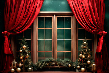 large window with red curtain and christmas decorationの素材