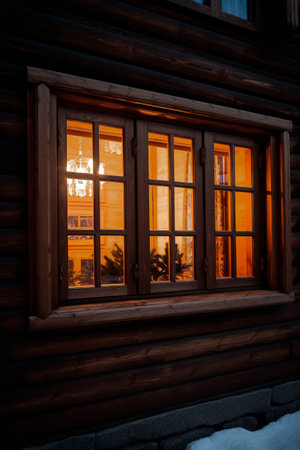 Close-up large window of wooden house at Christmas timeの素材