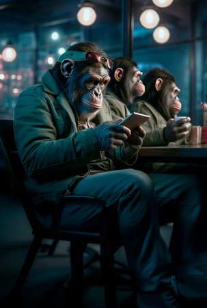anthropomorphic human-like chimpanzees using smart phones, tablets and technologyの素材